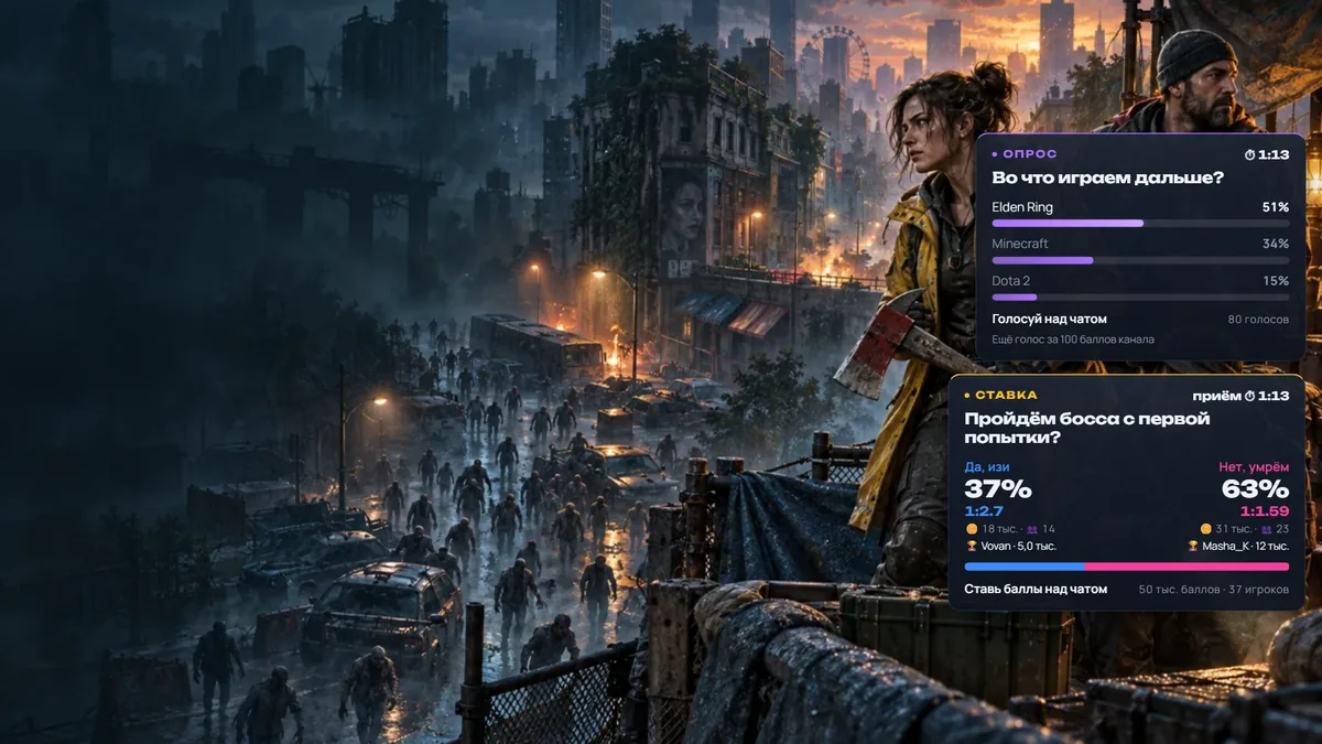 Опрос и ставка Twitch на экране стрима: опрос «Во что играем дальше?» с тремя вариантами и таймером, ставка «Пройдём босса с первой попытки?» с процентами, коэффициентами 1:2.7 и 1:1.59 и суммами баллов
